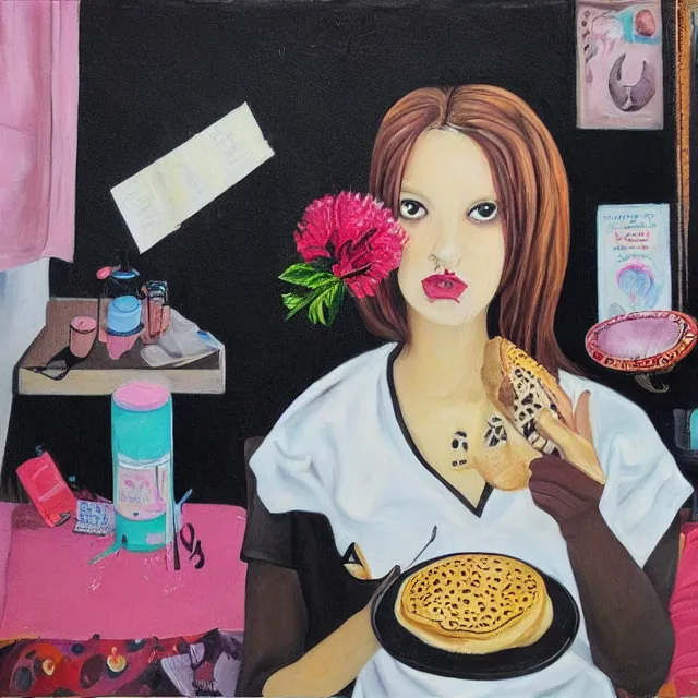 Image similar to a portrait in a female artist's bedroom, black walls, emo girl eating pancakes, sheet music, berries, surgical supplies, handmade pottery, flowers, sensual, octopus, neo - expressionism, surrealism, acrylic and spray paint and oilstick on canvas