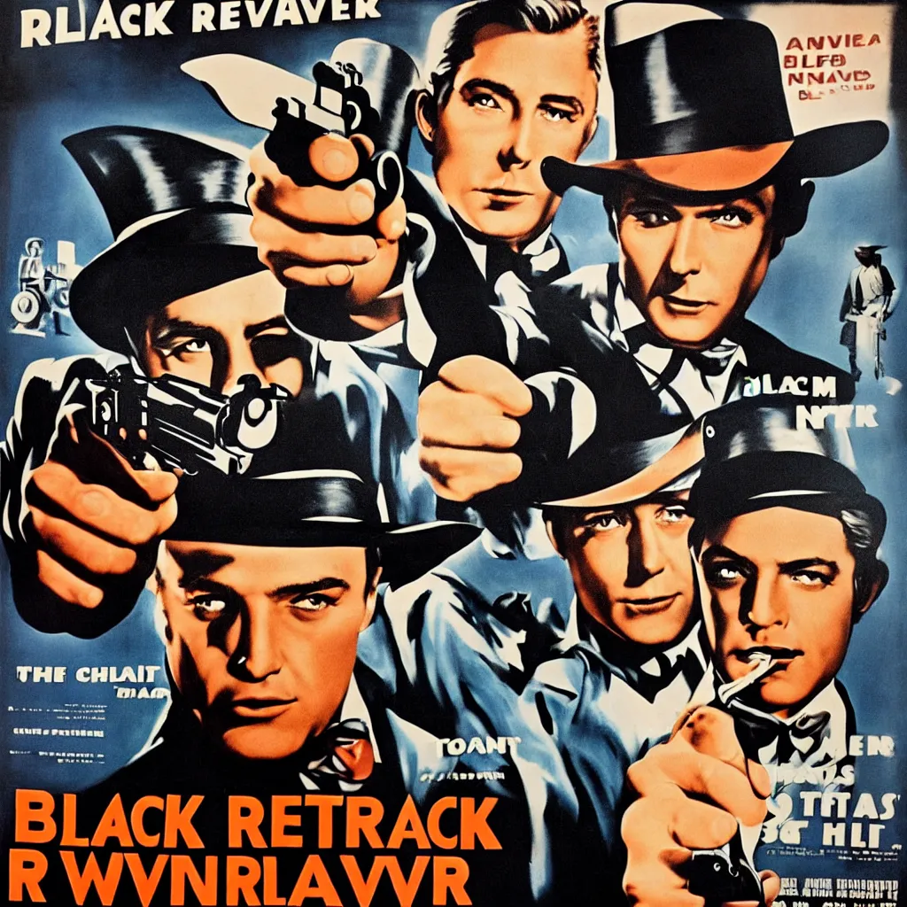 Image similar to black revolver in a hand, retro movie poster