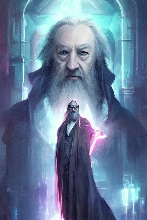 Prompt: portrait of Dumbledore in cyberpunk, neon lighting, night city, digital art from artstation by Ruan Jia and Mandy Jurgens and Artgerm and william-adolphe bouguereau and Greg Rutkowski