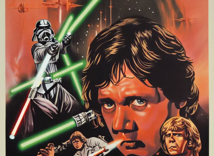 Image similar to vintage 1 9 7 7 star wars episode iv a new hope movie poster, of luke skywalker with bloodshot eyes smoking a huge blunt, surrounded by cannabis plants