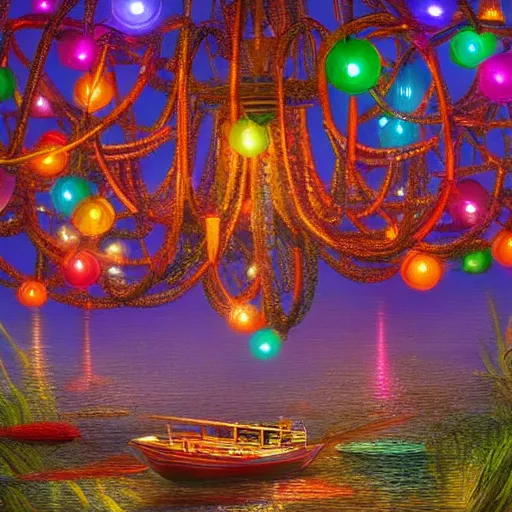 Image similar to a boat - themed chandelier with hundreds of colorful lights hanging from it, a figure lurks in the undergrowth looking at the lights from a distance, digital art