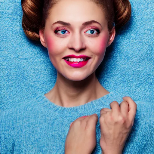 Image similar to a vivid color portrait of a smiling female with two buns hairstyle, light skin and big blue eyes, soft cinematic lighting, shallow depth of field, photograph by annie leibovitz, 4k