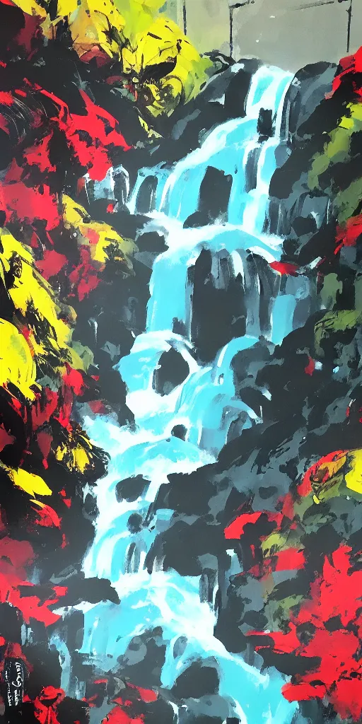 Prompt: lush vibrant waterfall, ashley wood illustration