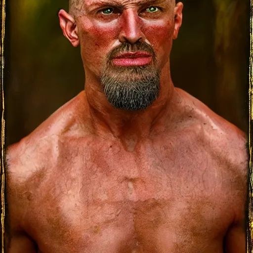 Image similar to 8K Photography from a Male muscled short haired Satyr , goatee, by Jimmy Nelson, Artstation