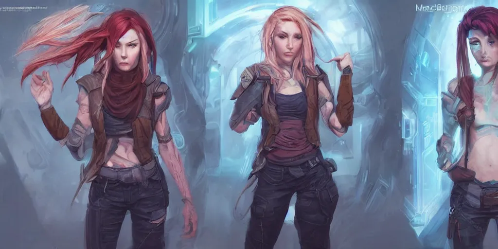 Image similar to concept art of rugged irish female netrunner d & d video game characters head designs, unique hair designs, by marc brunet and artgerm