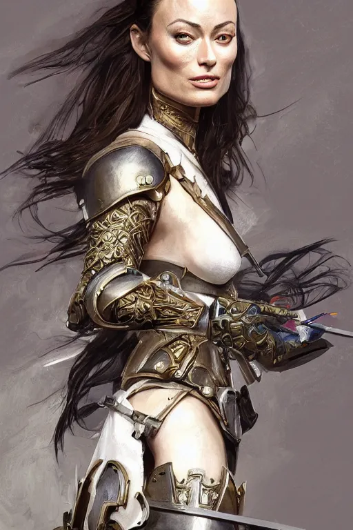 Image similar to a professionally painted portrait of Olivia Wilde, clothed in ancient battle armor, olive skin, long dark hair, beautiful bone structure, symmetrical facial features, stunningly beautiful, intricate, elegant, digital painting, trending on Artstation, concept art, smooth, sharp focus, illustration, from Metal Gear by Ruan Jia and Mandy Jurgens and Artgerm and William-Adolphe Bouguerea, award winning