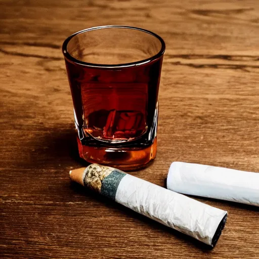 Prompt: a half consumed cigarette in a glass ashtray on a wooden table, the Marlboro cigarette pack on the side, a glass of whiskey with an icecube in