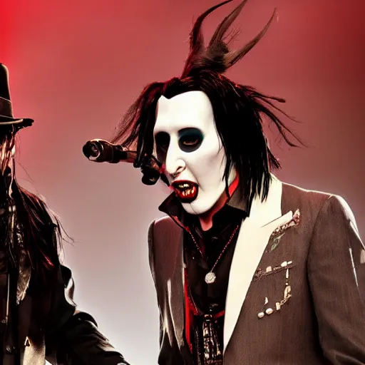 Image similar to A photorealistic photograph of Johnny Depp and Marilyn Manson performing on stage in a band. Trending on Artstation, featured on Behance, well-rendered, intricate, highly detailed, very crispy, Unreal Engine, 4K HD