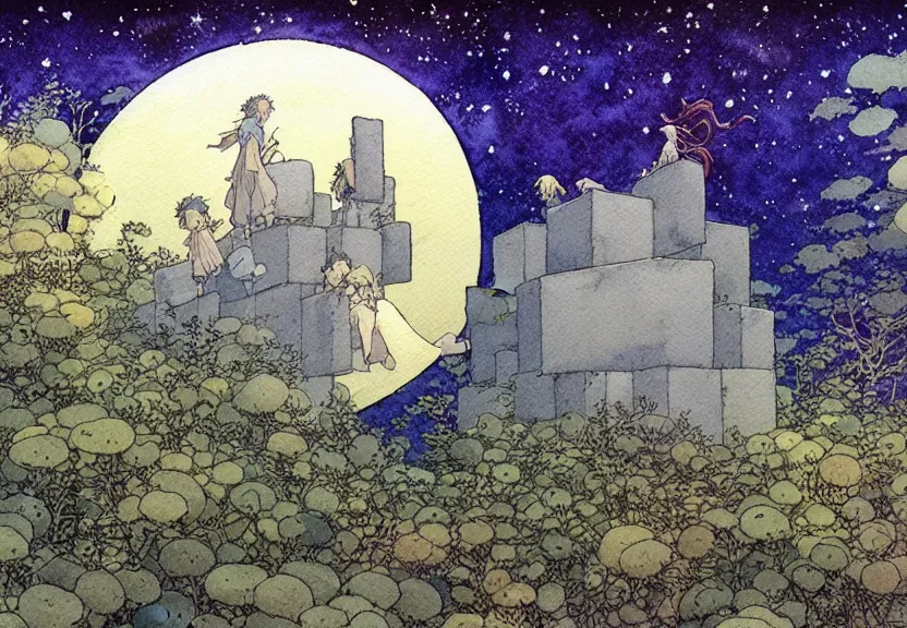 Prompt: a simple watercolor studio ghibli movie still fantasy concept art of a giant grey cube floating in the air. it is a misty starry night. by rebecca guay, michael kaluta, charles vess