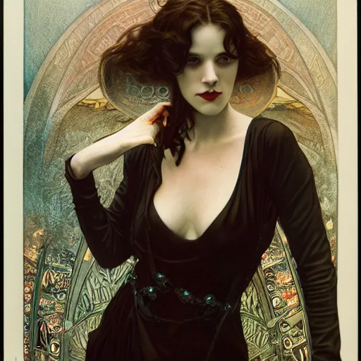 Image similar to portrait of a lady vampire, 35mm, 1920', depth of field, ominous, sharp, highly detailed, photorealistic, realistic, unreal 5, high definition, 8k, deviantart, donato giancola, irwin penn, Alphonse Mucha