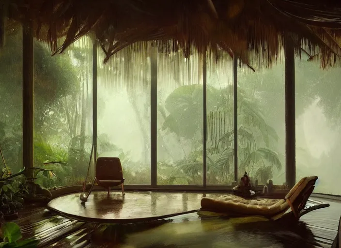 Image similar to a beautiful painting of the interior of a geodesic house in a moist tropical rainforest, living room, by greg rutkowski, realism, artstation, nature