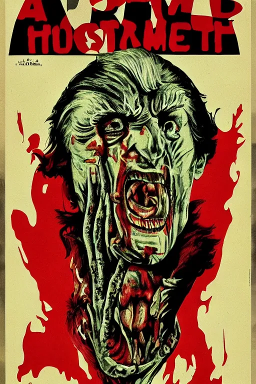 Image similar to Donald Trump as a disgusting monster on a 1970s horror movie poster , vintage 70s print, detailed, scary, horror, screen print, trending on artstation