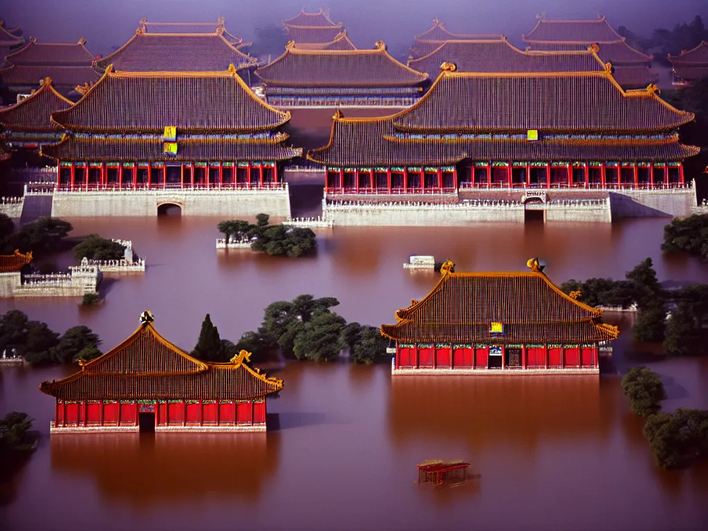 Image similar to kodak portra 4 0 0 photographic and realistic, the forbidden city, temple, night, moonlight, detailed, wide angle, floor flooded, how a river, objects that float, 3 5 mm, sharp focus, soft light, volumetric light, in the style of gregory crewdson