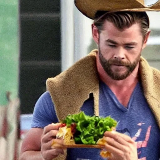 Image similar to chris hemsworth wearing a mexican sombrero, eating a burrito