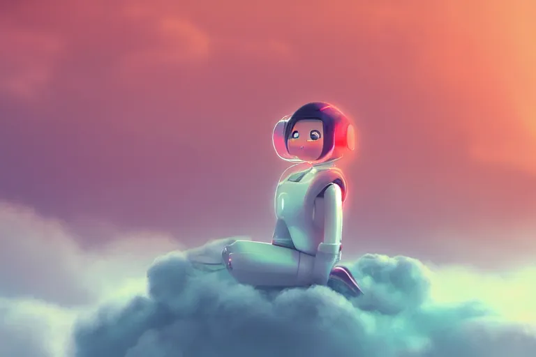 Image similar to a cute robot girl sitting on a cloud relaxing, misty, digital art, hazy, foggy, red lighting, ambient lighting, 8 k,