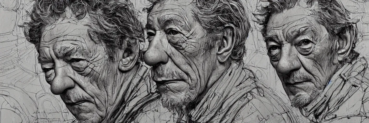 Image similar to a realistic yet scraggly portrait photo of the side profile of a stern and sophisticated ian mckellen as an astronaut, octane render, intricate details, in the style of frank auerbach, in the style of sergio aragones, in the style of martin ansin, in the style of david aja, in the style of mattias adolfsson