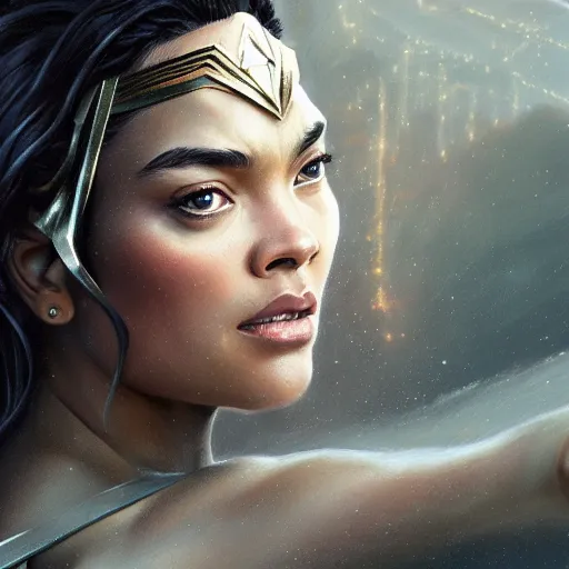 Prompt: full figure ultra realistic illustration, tessa thompson as wonder woman, intricate, elegant, highly detailed, digital painting, artstation, concept art, smooth, sharp focus, illustration, art by artgerm and greg rutkowski and alphonse mucha