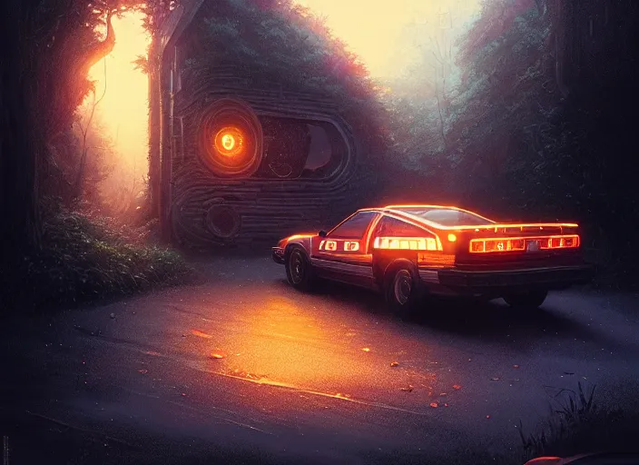 Prompt: detailed intricate digital illustration by greg rutkowski and artgerm and wlop and sanford robinson gifford ; 1 9 8 8 vehicle, glowing headlights ; 1 3 mm film, wide angle arri alfa anamorphic lens ; sharp focus, soft evening lighting, trending on artstation 4 k