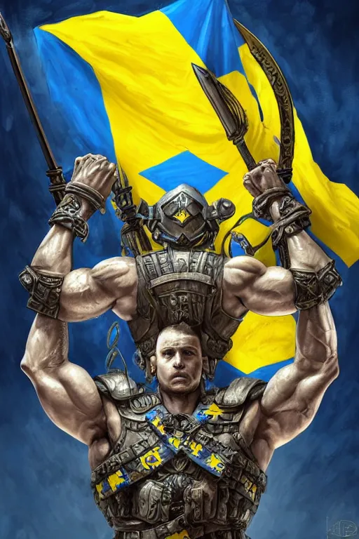 Image similar to a distant shot from below of a Ukrainian super soldier with blue and yellow flag behind him and a trident symbol on the chest standing alone on a huge pile of skulls posing as a winner, masculine muscular figure, D&D, fantasy, intricate, elegant, highly detailed, extremely detailed, digital painting, artstation, concept art, matte, smooth, hyper realistic, sharp focus, illustration, art by Artgerm and Greg Rutkowski and Alphonse Mucha