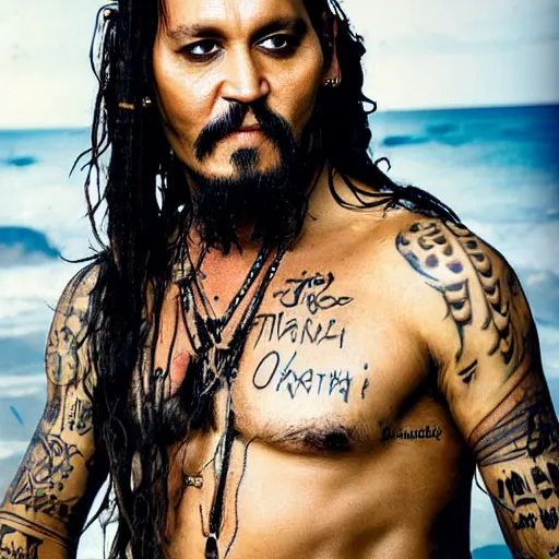 Prompt: portrait of johnny depp as khal drogo from games of thrones, mascular, broad shoulder, long beard with locks, very long straight hair, tattooed body, six packs, symmetrical, nikon 3 5 mm photography, ultrarealistic