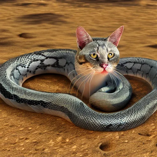 Image similar to a snake cat in the desert wild nature HD photo superrealism 3d 8k resolution