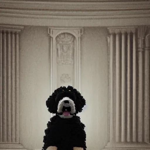 Image similar to a closeup photorealistic illustration of a smiling knitted bernedoodle judge dog dressed in a black gown, presiding over the courthouse. this 4 k hd image is trending on artstation, featured on behance, well - rendered, extra crisp, features intricate detail, epic composition and the style of unreal engine.