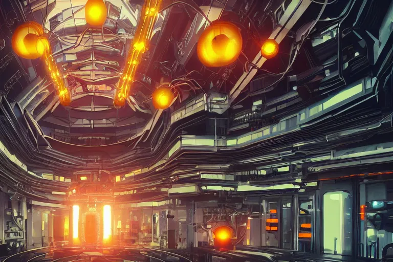 Image similar to orange fruit fusion reactor in a government building, cyberpunk, studio gainax art, intricate electronics, moody lighting