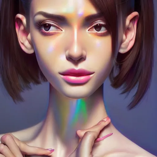 Image similar to a beautiful skinny latina wearing fashionable dress with head tilted back, focus close on eyes realistic skin texture, eighties holographic art by ilya kuvshinov lois van baarle ross tran range murata artgerm katsuhiro otomo norman rockwell, highly detailed intricately sharp focus, bedroom eyes trending on pinterest vogue italia unreal engine 5, 4 k uhd image