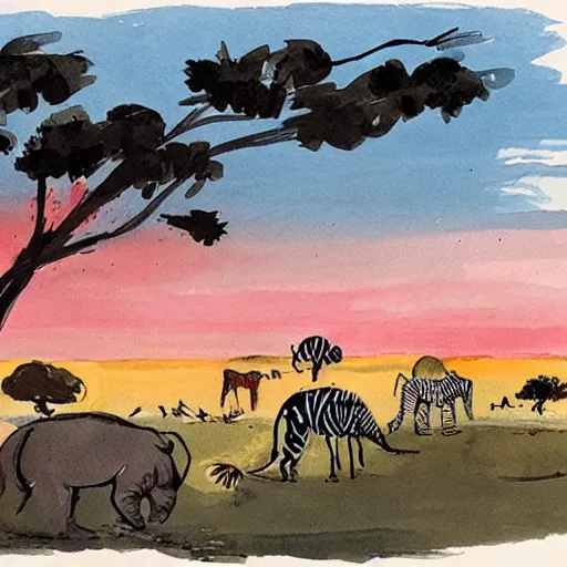 Prompt: quentin blake illustration of a safari at sunset