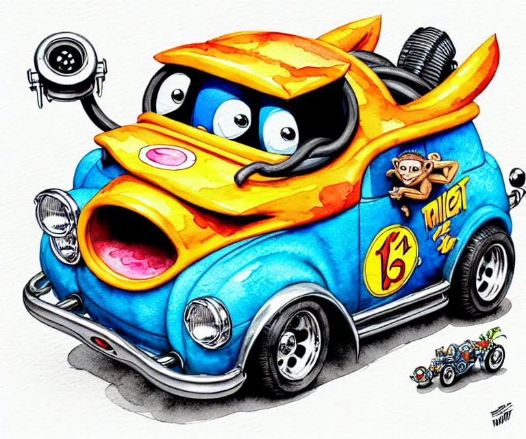 Image similar to cute and funny, monkey driving a tiny hot rod with an oversized engine, ratfink style by ed roth, centered award winning watercolor pen illustration, isometric illustration by chihiro iwasaki, edited by craola, tiny details by artgerm and watercolor girl, symmetrically isometrically centered