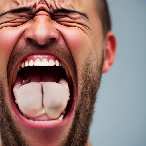 Prompt: close - up photograph of a man screaming