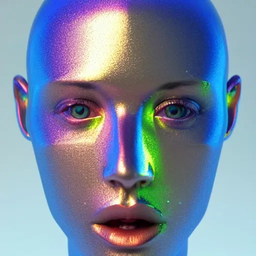 Image similar to 3d render of holographic human robotic head made of glossy iridescent, surrealistic 3d illustration of a human face non-binary, non binary model, 3d model human, cryengine, made of holographic texture, holographic material, holographic rainbow, concept of cyborg and artificial intelligence