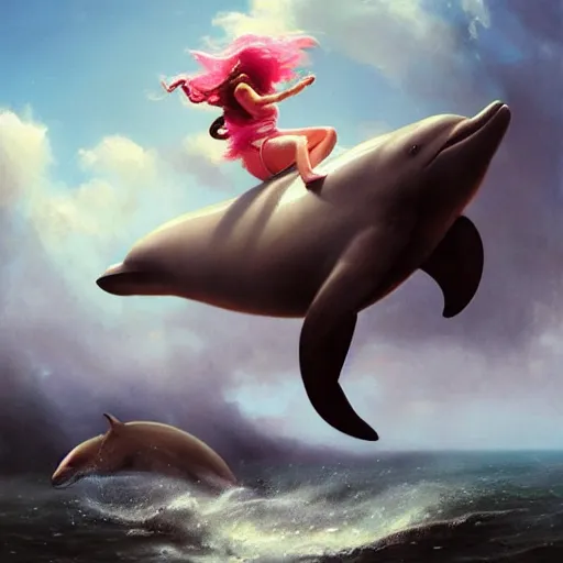 Prompt: a girl with long brown hair riding a dolphin through fluffy pink clouds, Greg Rutkowski, dynamic lighting, cheerful, award-winning oil painting,