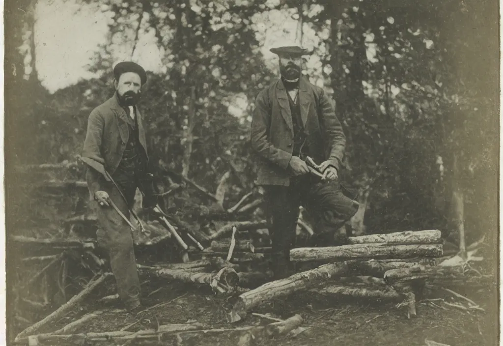 Prompt: late 1 8 0 0 s daugerrotype photograph portrait of a rugged man building a log cabin