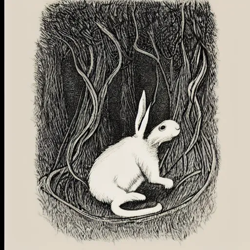 Image similar to a pen and ink drawing of a white rabbit smoking a cigarette while reclining in a deep dark tangled forest, a lingering smoke cloud, childrens book illustration, by edward gorey, by gustav dore