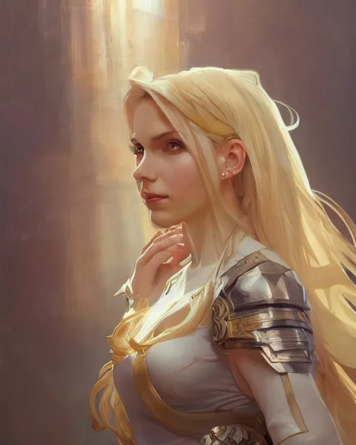 Image similar to '' Portrait of Beautiful blonde Slavic woman, league of legends, LOL, fantasy, d&d, digital painting, artstation, concept art, sharp focus, illustration, art by greg rutkowski and alphonse mucha ''