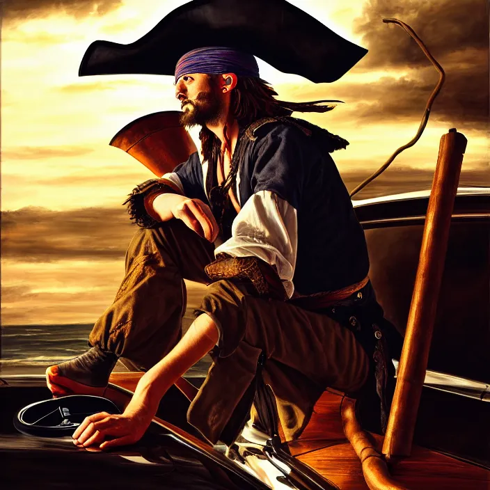 Image similar to a pirate downloading a car, oil on canvas, dramatic lighting, comedy, 8 k