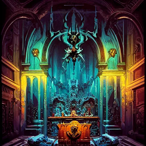 Prompt: Rafael Albuquerque comic art, The interior of an underwater city, insanely ornamented with baroque evil golden decorations, black ornaments, ominous devilish altar made of bones, blue neon light coming from the windows, mysterious atmosphere, octane