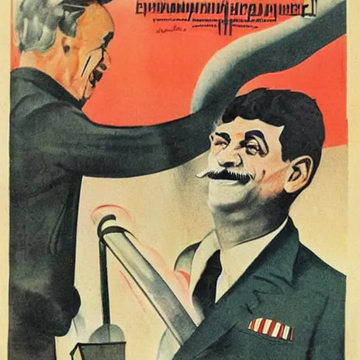 Prompt: viktor orban sitting in the lap of stalin, soviet propaganda poster art from 1 9 5 0