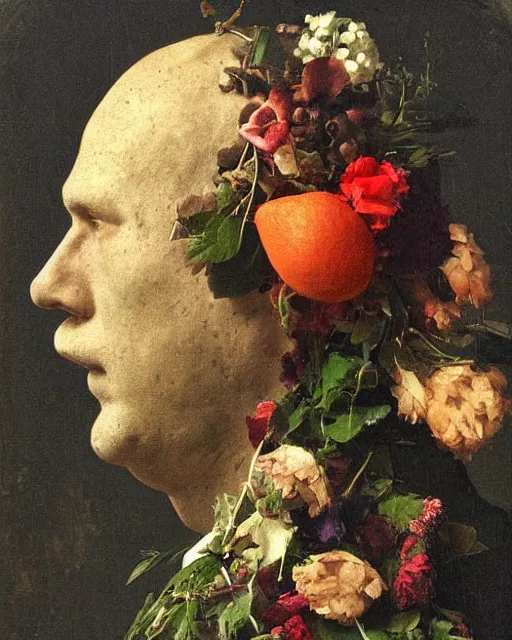 Prompt: a man's face in profile, clean shaven, made of flowers and fruit, in the style of the Dutch masters, dark and moody