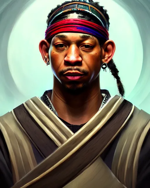 Image similar to face portrait of young allen iverson as a muscular ronin samurai, wearing a haori, by wlop and peter mohrbacher, dramatic action pose, extremely detailed shading, concept art, digital painting, trending on artstation, unreal engine 5, octane render, atmosphere, glow, cinematic lighting, full of color