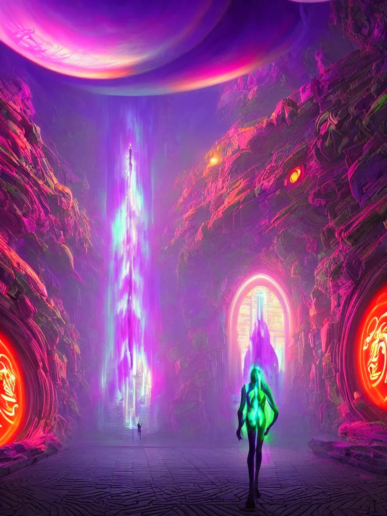 Image similar to entrance to matrix ethereal realm, shiva sentient, rendered in unreal engine, central composition, symmetrical composition, dreamy colorful cyberpunk colors, 6 point perspective, fantasy landscape with anthropomorphic terrain in the styles of igor morski, jim warren and rob gonsalves, intricate, hyperrealistic, volumetric lighting, neon ambiance, distinct horizon