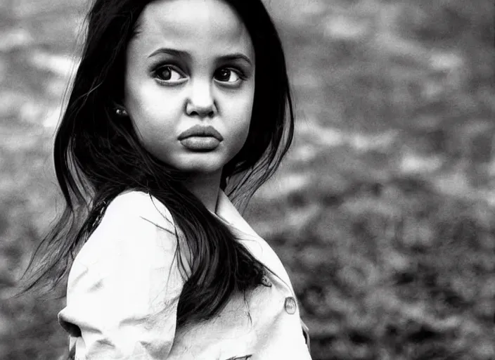 Prompt: professional fine detailed photo portrait of young angelina jolie from makhachkala, dagestan. kid angelina jolie in the postsoviet suburbia, iphone photo, instagram, black and white - - cfg _ scale 7