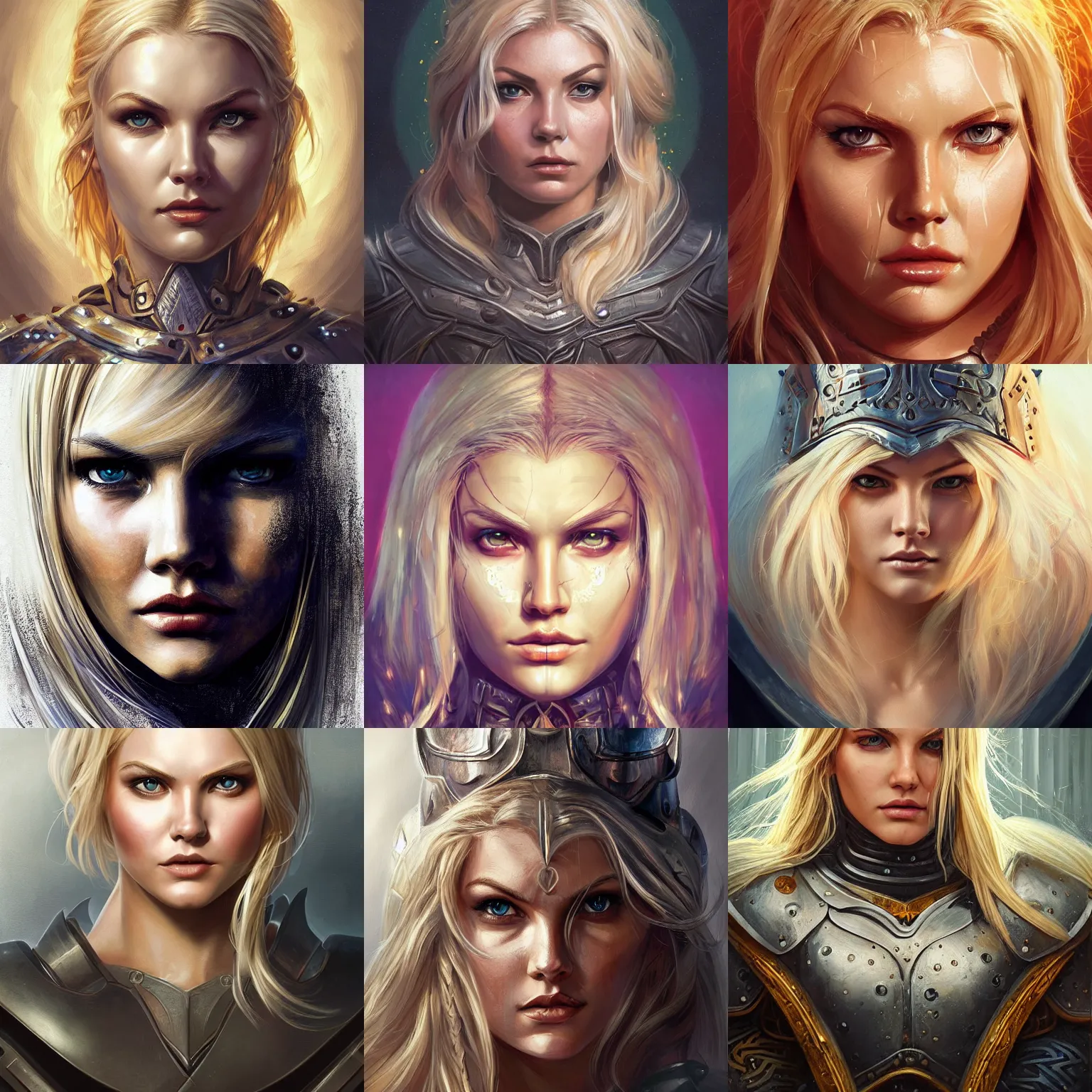Prompt: head-on centered symmetrical painted portrait, Elisha Cuthbert as a knight, blonde hair, steel armour, dramatic lighting, intricate, wild, highly detailed, digital painting, smooth, sharp focus, illustration, dramatic lighting, artstation, in the style of Artgerm and Anna Podedworna