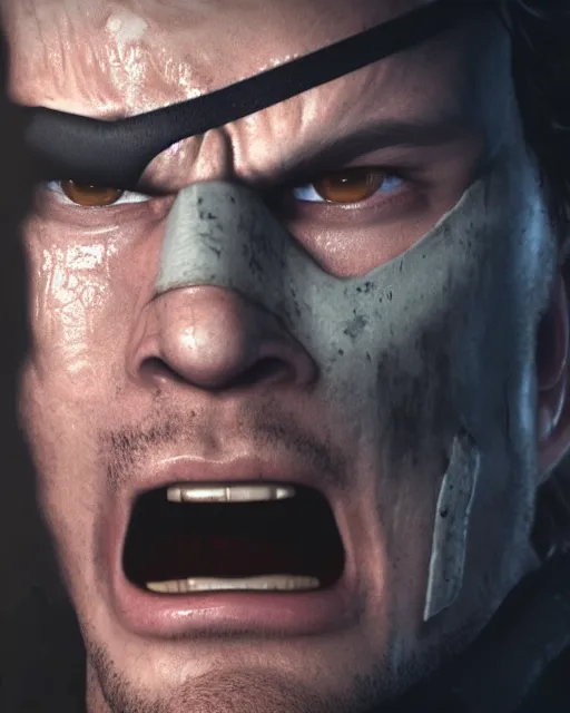 Image similar to solid snake portrait, cinematic lighting, anguished crying screaming yelling, mouth open, black atmospheric background, 4 k photography hdr