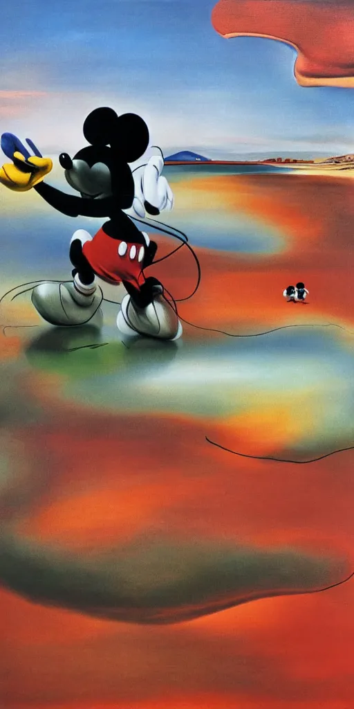 Prompt: mickey mouse surrealistic portrait by salvador dali with caledonia beaches crossing the red horizon