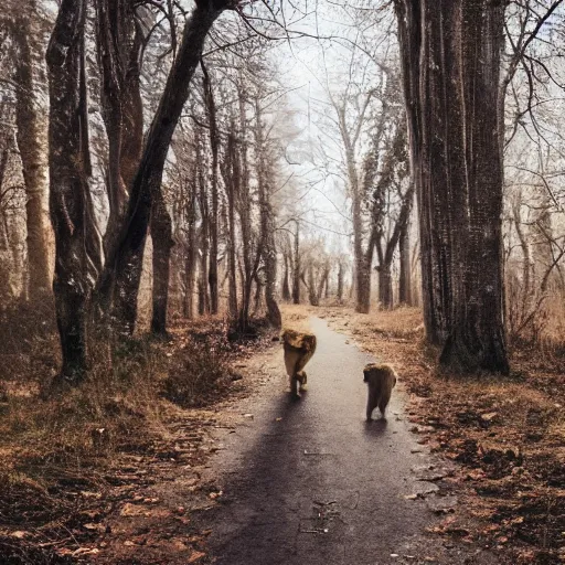 Prompt: a lion, a witch, and a wardrobe walking through a forest together in the winter time, 4 k