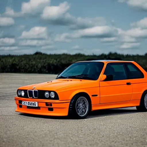 Image similar to orange bmw e 3 0 m 3, floating in outer space