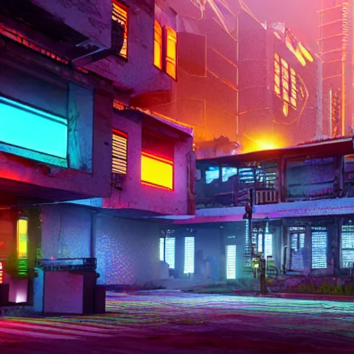 Image similar to cybernetic neon lit ndebele homestead seen from the front, street scene in blade runner, highly detailed, octane rendered