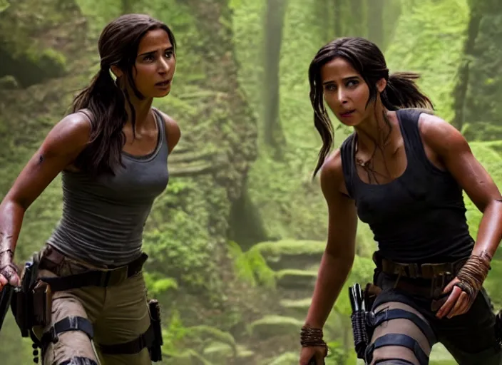 Image similar to film still of!!!! naomi scott!!! as lara croft in new tomb raider movie, 8 k